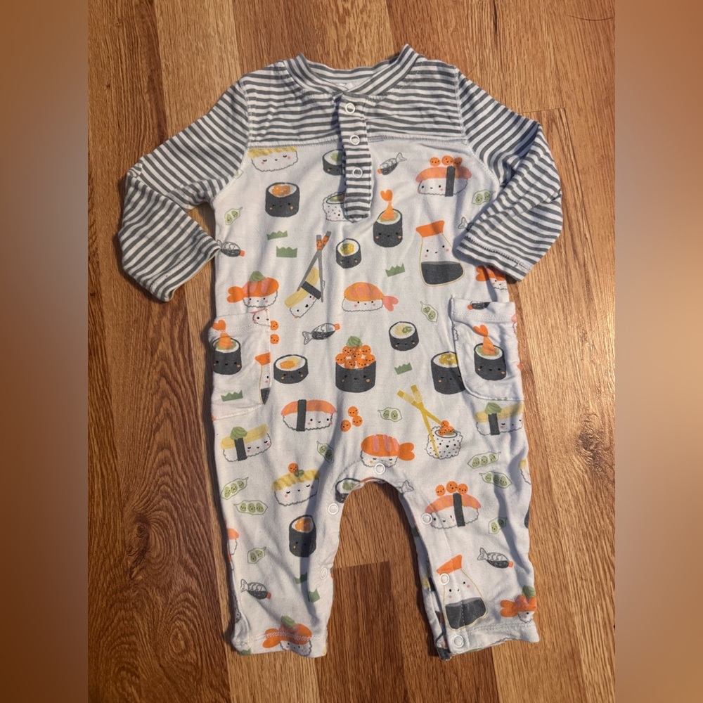 Angel Dear White & Gray Striped-Sleeve Sushi Print Footie